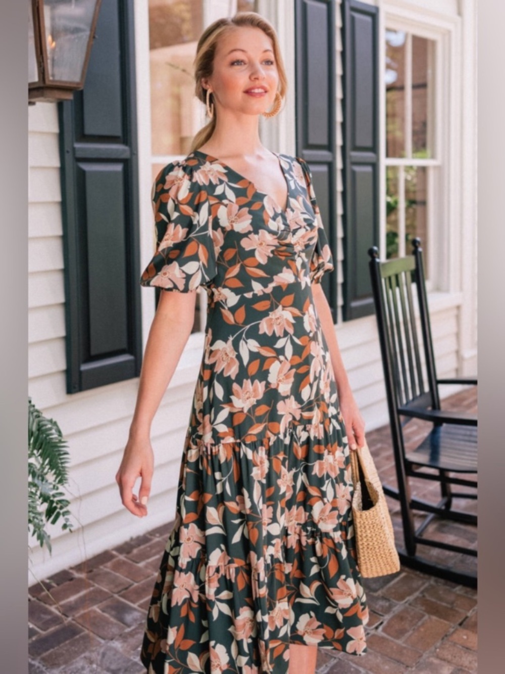 Gal Meets Glam Black Floral Midi Dress with Blush and Tan Flowers